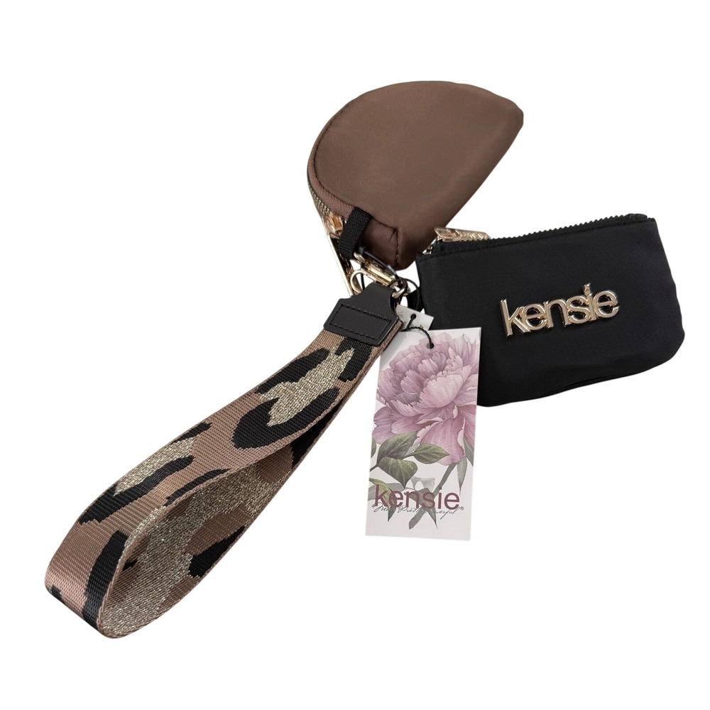 Kensie Multi Pouch Wristlet Black Brown Nylon Purse Leopard Strap Keychain NEW